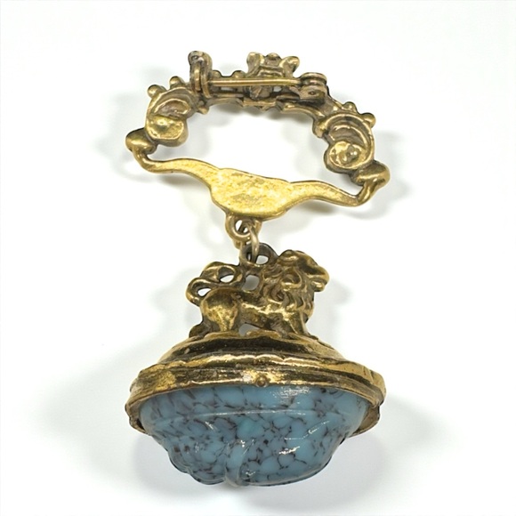 Vintage Etruscan Style Lion & Faux Turquoise Scarab Drop Brooch - Picture 4 of 7